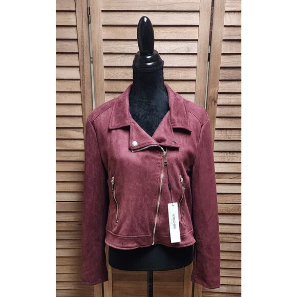 Vigoss New Faux Suede Size XL Burgundy Moto Biker Jacket 3 Front Zippers, Short - Picture 1 of 8